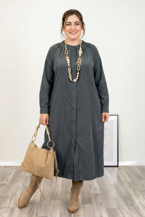 Rochie camasa din catifea reiata, croiala lejera si design versatil, gri