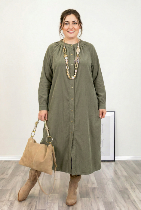 Rochie camasa din catifea reiata, croiala lejera si design versatil, kaki