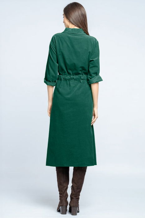 Rochie camasa din catifea reiata cu cordon in talie, verde [3]