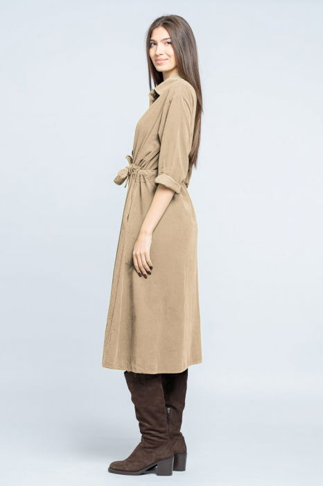 Rochie camasa din catifea reiata cu cordon in talie, bej [2]