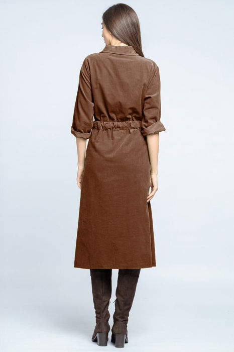 Rochie camasa din catifea reiata cu cordon in talie, bej [6]