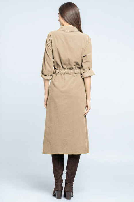 Rochie camasa din catifea reiata cu cordon in talie, bej [3]