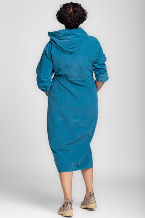 Rochie camasa din catifea reiata cu gluga si siret in talie, turcoaz [5]