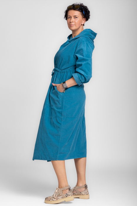 Rochie camasa din catifea reiata cu gluga si siret in talie, turcoaz [3]