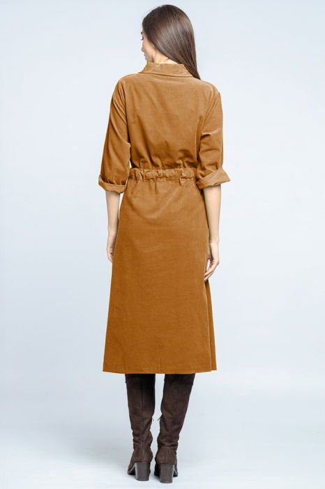 Rochie camasa din catifea reiata cu cordon in talie, camel [3]