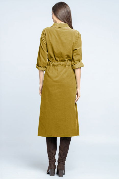Rochie camasa din catifea reiata, galben mustar, cu cordon in talie [3]
