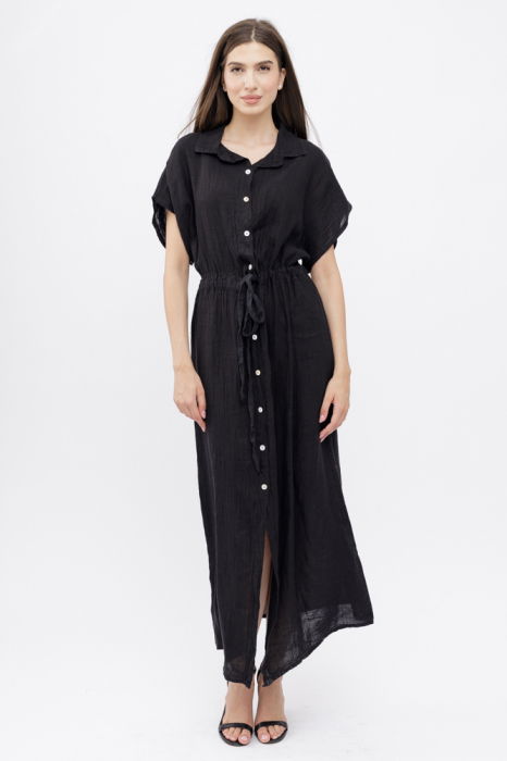 Rochie camasa, din in, cu snur in talie, neagra [2]