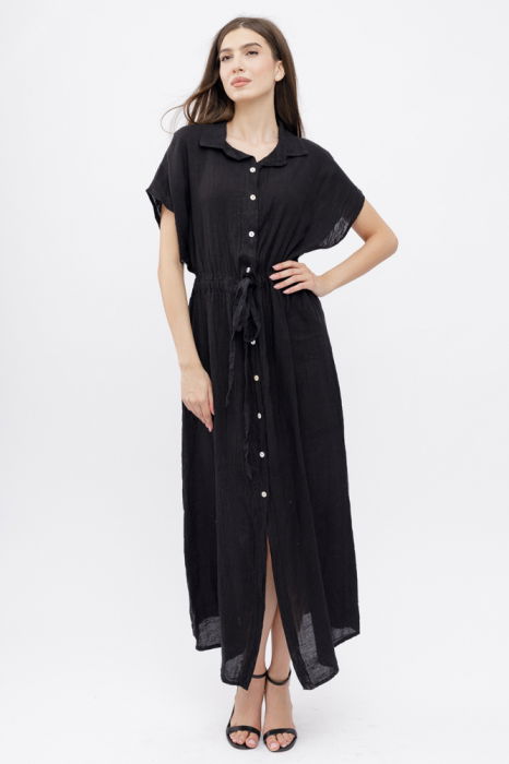 Rochie camasa, din in, cu snur in talie, neagra