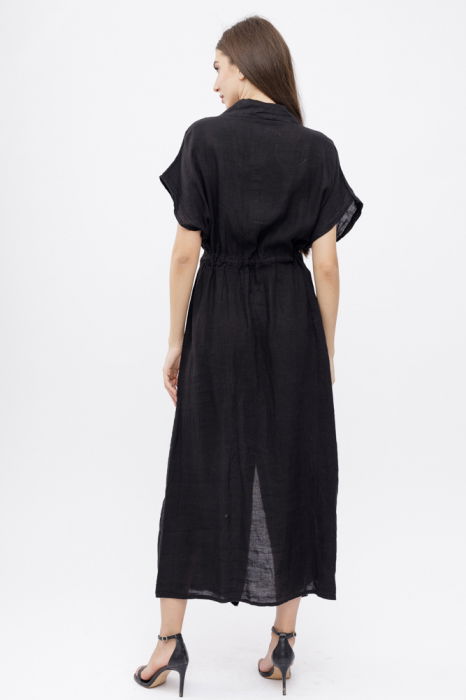 Rochie camasa, din in, cu snur in talie, neagra [4]