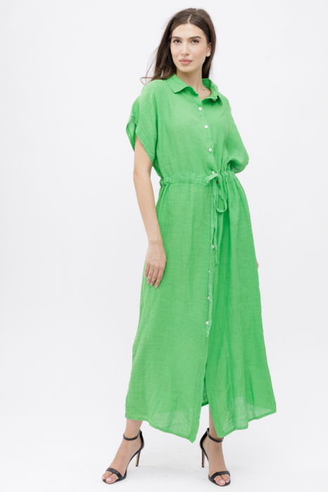Rochie camasa, din in, cu snur in talie, verde deschis [2]
