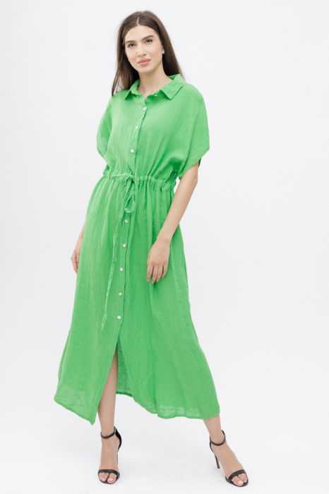 Rochie camasa, din in, cu snur in talie, verde deschis