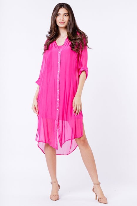 Rochie camasa din matase si vascoza fucsia, cu dublura [7]