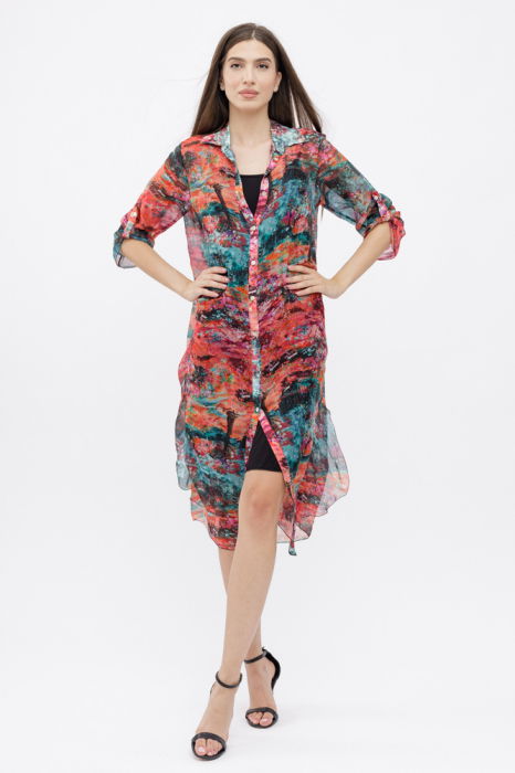 Rochie camasa A-line din matase si vascoza  cu dublura , imprimeu pictural cu rosu si turcoaz [2]