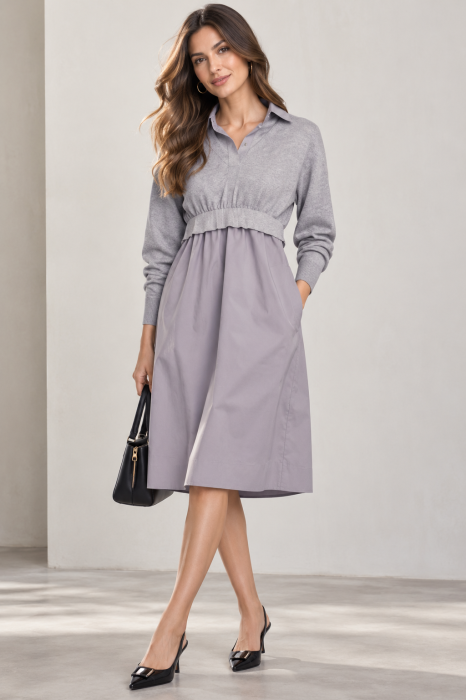 Rochie camasa din poplin de bumbac cu pulover angora, gri — U See, Rochii