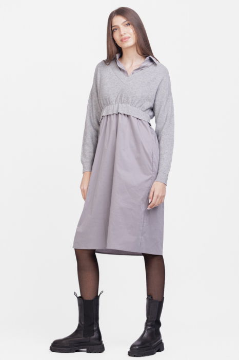 Rochie camasa din poplin de bumbac cu pulover angora, gri