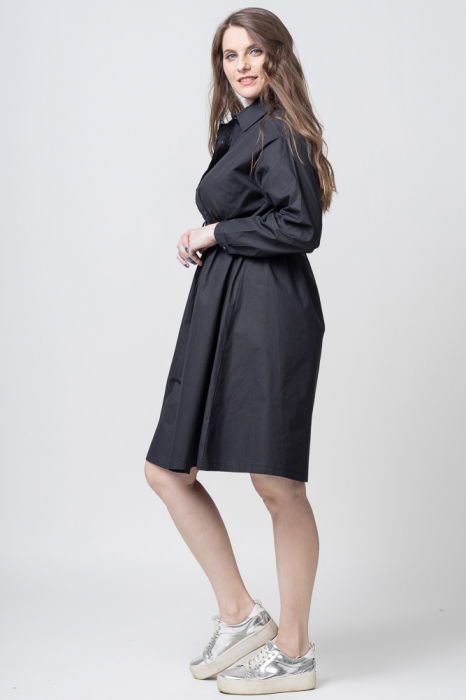 Rochie camasa din poplin satinat, cu siret in talie, neagra [3]