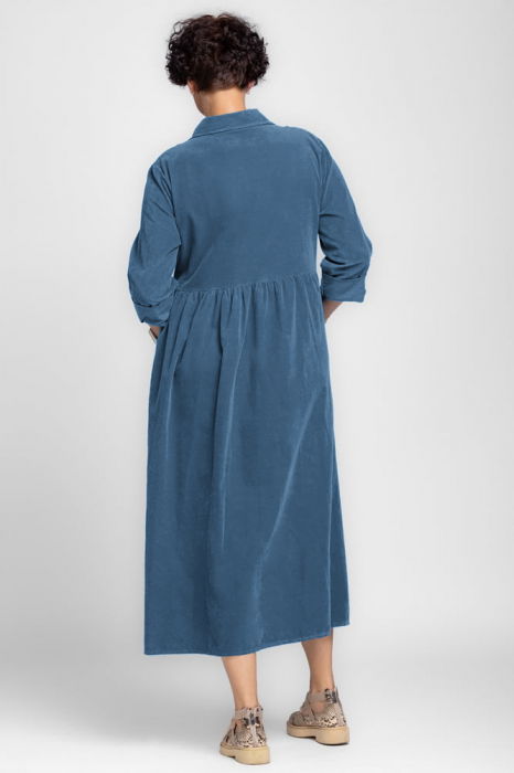 Rochie camasa albastru jeans din catifea reiata, taiata in talie [3]