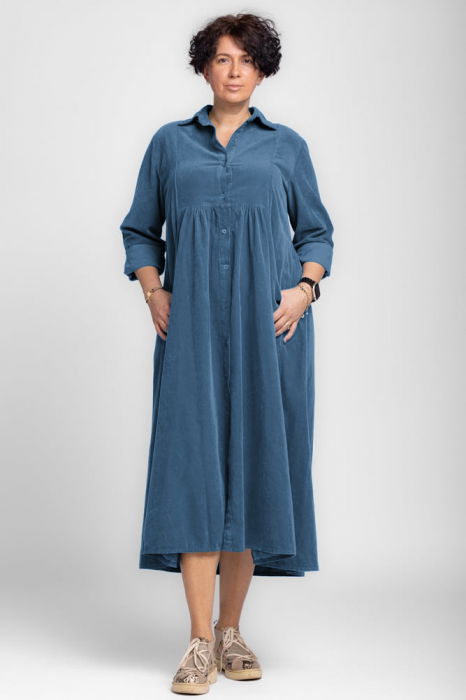 Rochie camasa albastru jeans din catifea reiata, taiata in talie