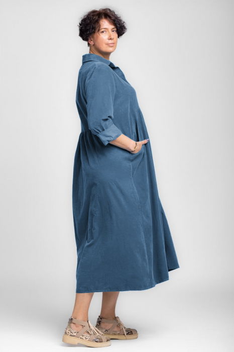 Rochie camasa albastru jeans din catifea reiata, taiata in talie [2]