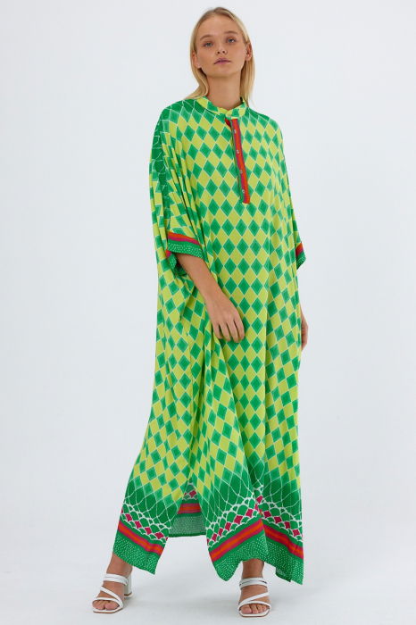 Rochie camasa oversize cu imprimeu geometric, cu romburi galbene [7]