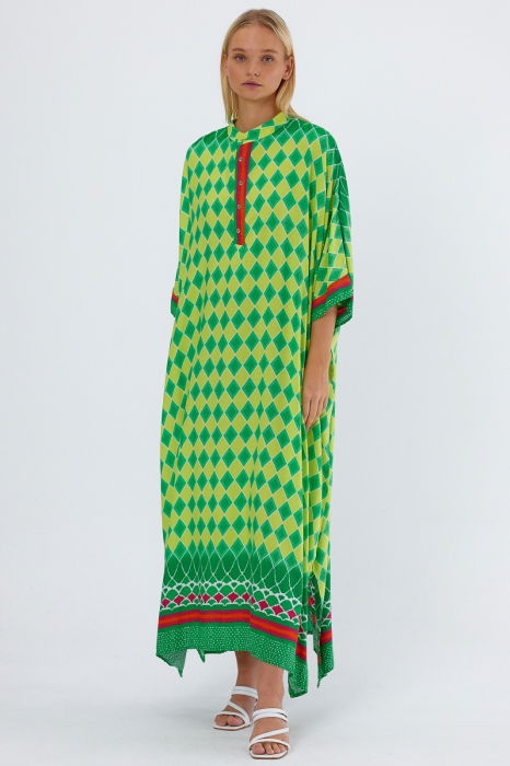 Rochie camasa oversize cu imprimeu geometric, cu romburi galbene [4]