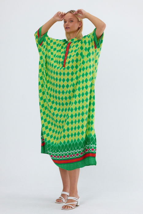 Rochie camasa oversize cu imprimeu geometric, cu romburi galbene [8]