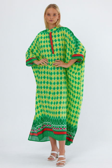 Rochie camasa oversize cu imprimeu geometric, cu romburi galbene [6]