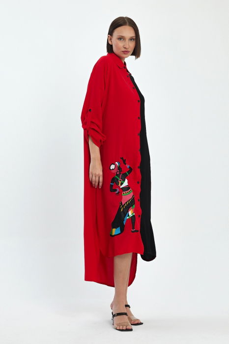 Rochie camasa oversize rosu-negru cu broderie silueta fata africana, din vascoza [5]