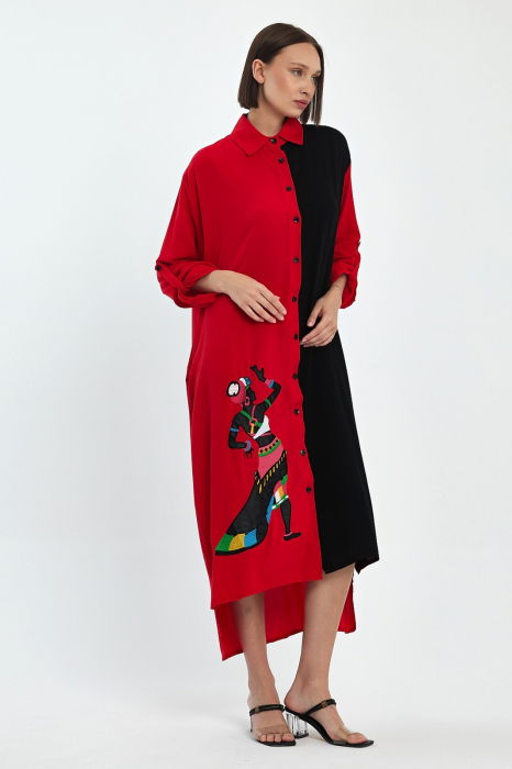 Rochie camasa oversize rosu-negru cu broderie silueta fata africana, din vascoza [2]