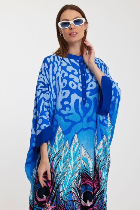 Rochie camasa oversize cu imprimeu paun, albastra [6]