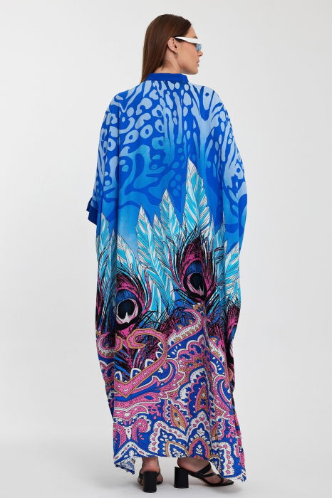 Rochie camasa oversize cu imprimeu paun, albastra [7]