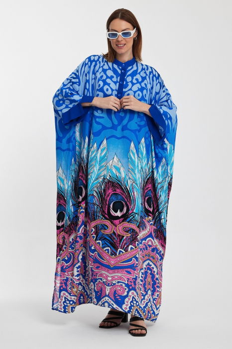 Rochie camasa oversize cu imprimeu paun, albastra [5]