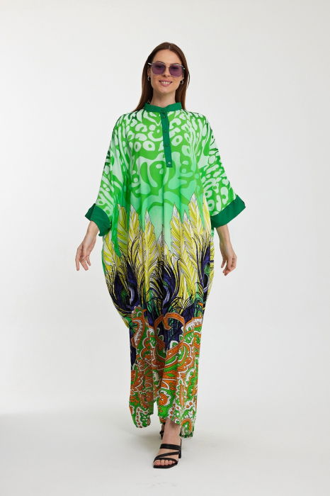 Rochie camasa oversize cu imprimeu paun, verde [3]