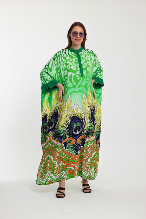 Rochie camasa oversize cu imprimeu paun, verde [4]