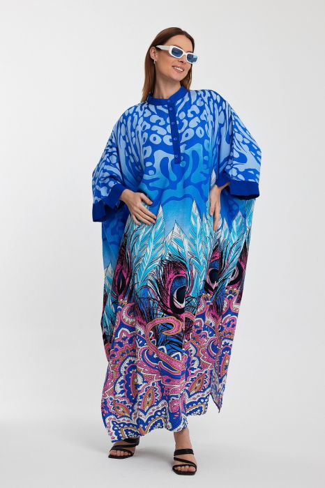 Rochie camasa oversize cu imprimeu paun, albastra [2]