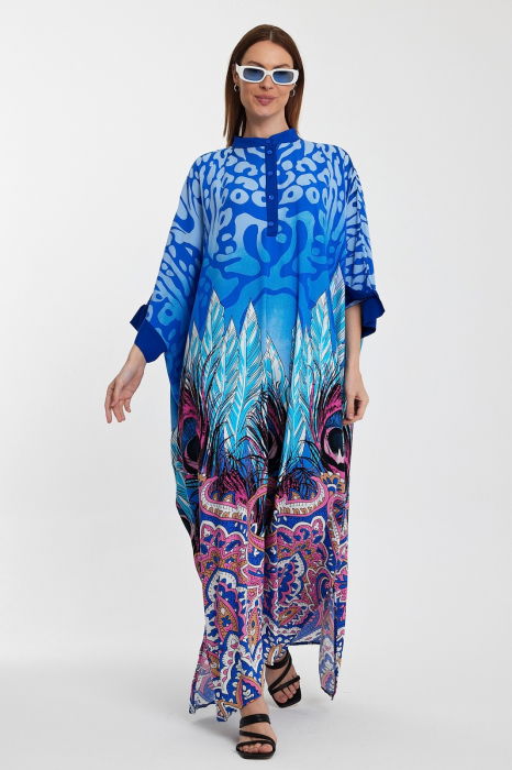 Rochie camasa oversize cu imprimeu paun, albastra [3]