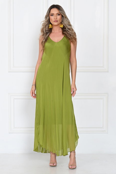 Rochie lunga din matase cu croi fluid si bretele fine, eleganta, verde olive