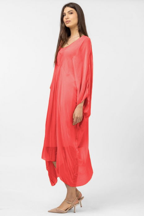 Rochie corai in colturi, lunga, ampla, din matase si vascoza, cu detaliu sub bust [2]