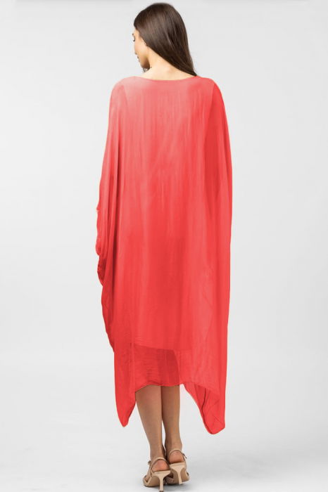 Rochie corai in colturi, lunga, ampla, din matase si vascoza, cu detaliu sub bust [3]