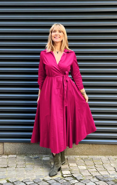 Rochie clos, petrecuta, din poplin de bumbac, fucsia [2]