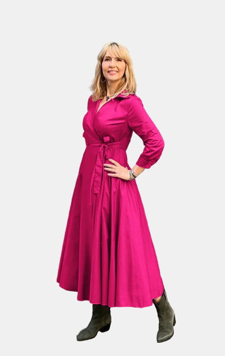 Rochie clos, petrecuta, din poplin de bumbac, fucsia [3]