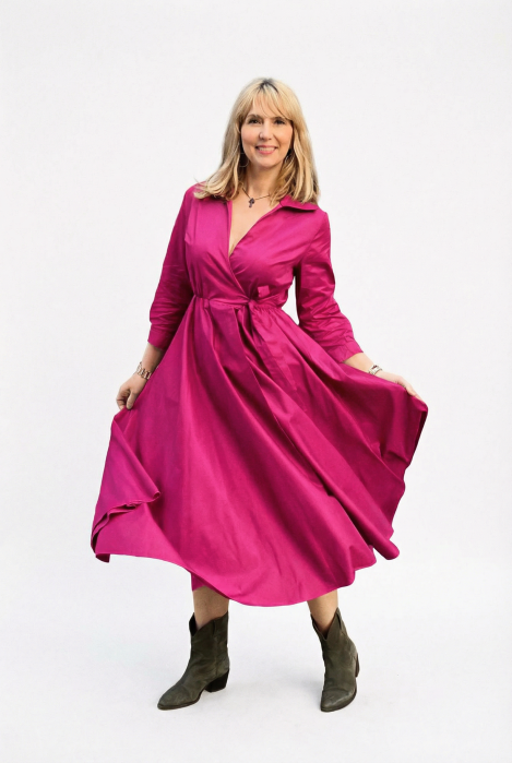 Rochie clos, petrecuta, din poplin de bumbac, fucsia [2]