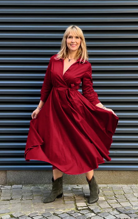 Rochie clos, petrecuta, din poplin de bumbac, bordo [3]
