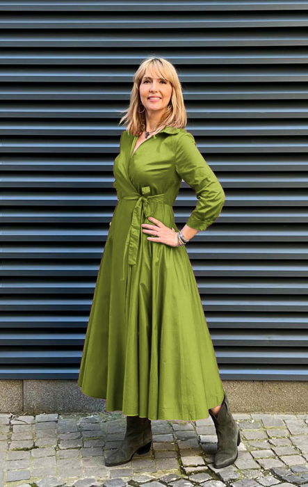 Rochie clos, petrecuta, din poplin de bumbac, verde oliv [3]