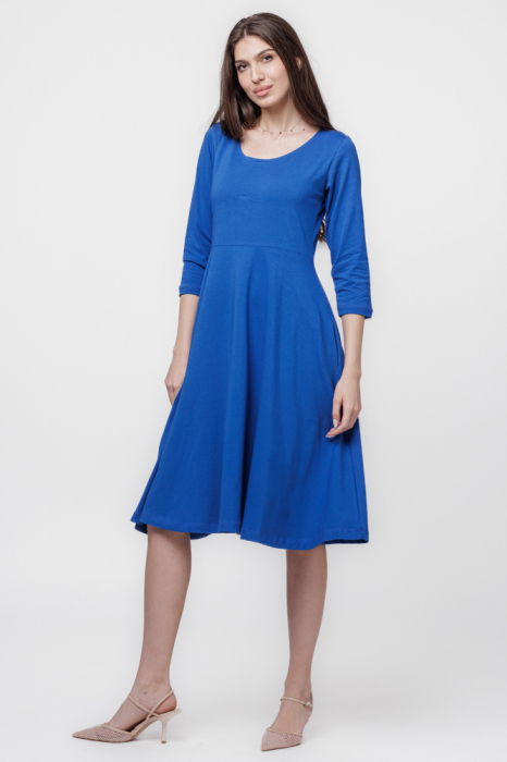 Rochie clos, taiata in talie, cu buzunare ascunse, din bumbac, albastra [2]