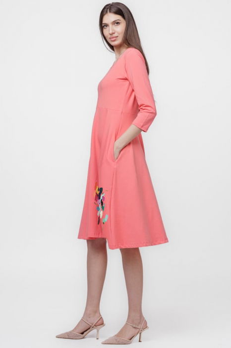Rochie clos, taiata in talie, cu buzunare ascunse, din bumbac, corai cu imprimeu floare stilizata [2]