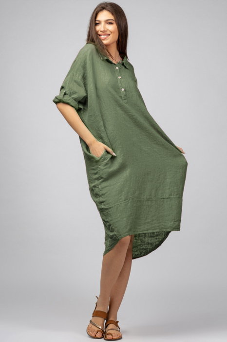 Rochie kaki din in Stella Milani cu inel metalic pe spate