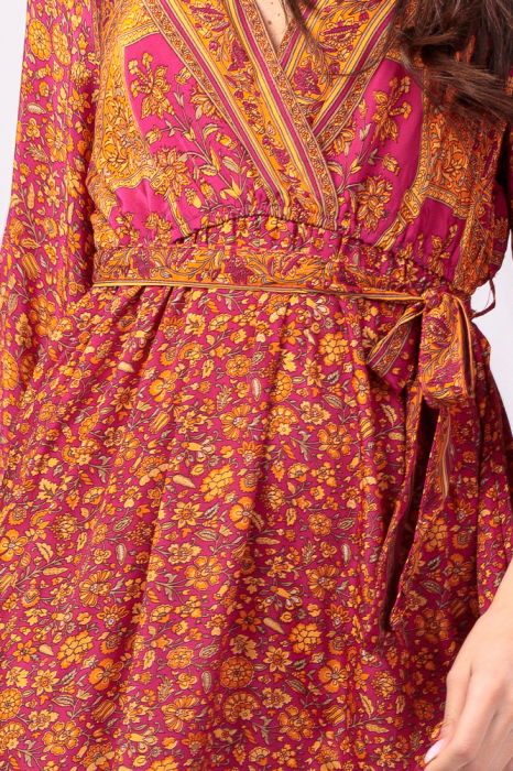 Rochie cu bust petrecut, din matase indiana, cu imprimeu oriental portocaliu-fucsia [5]