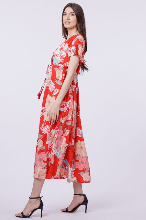 Rochie cu bust petrecut si imprimeu floral pe fond rosu [2]