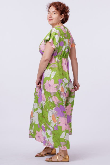 Rochie cu bust petrecut si imprimeu floral pe fond verde [3]